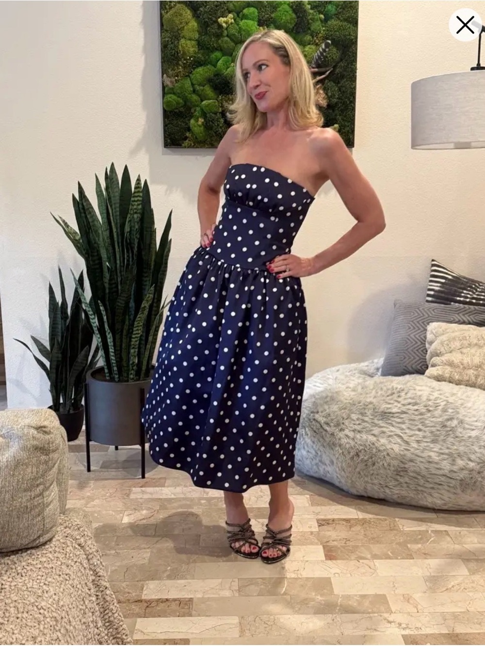 self-portrait Navy Polka Dot Strapless Midi Dress size 12 - Picture 10 of 14